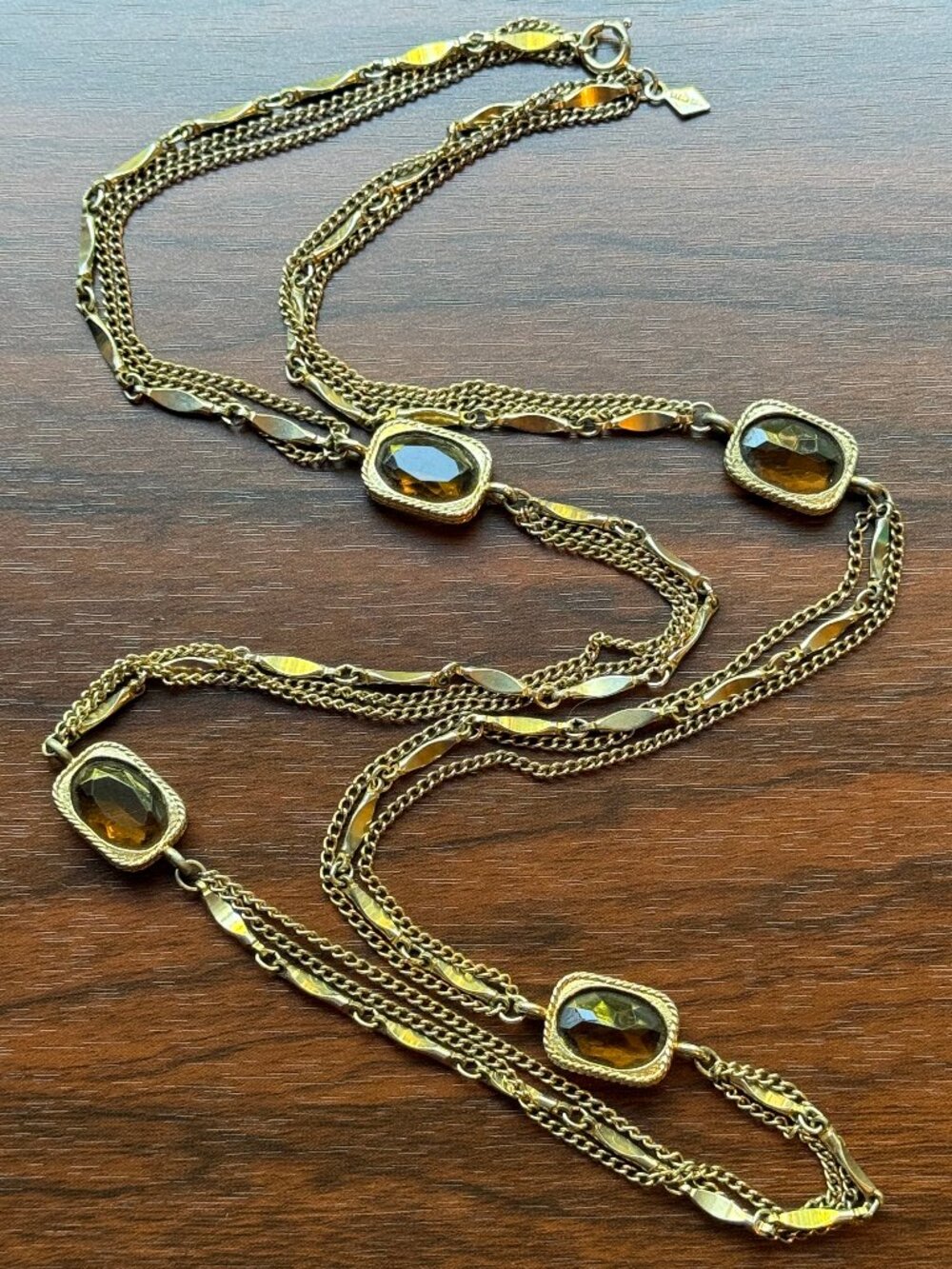 Vintage Sarah Coventry Station Necklace Goldtone and Amber Glass